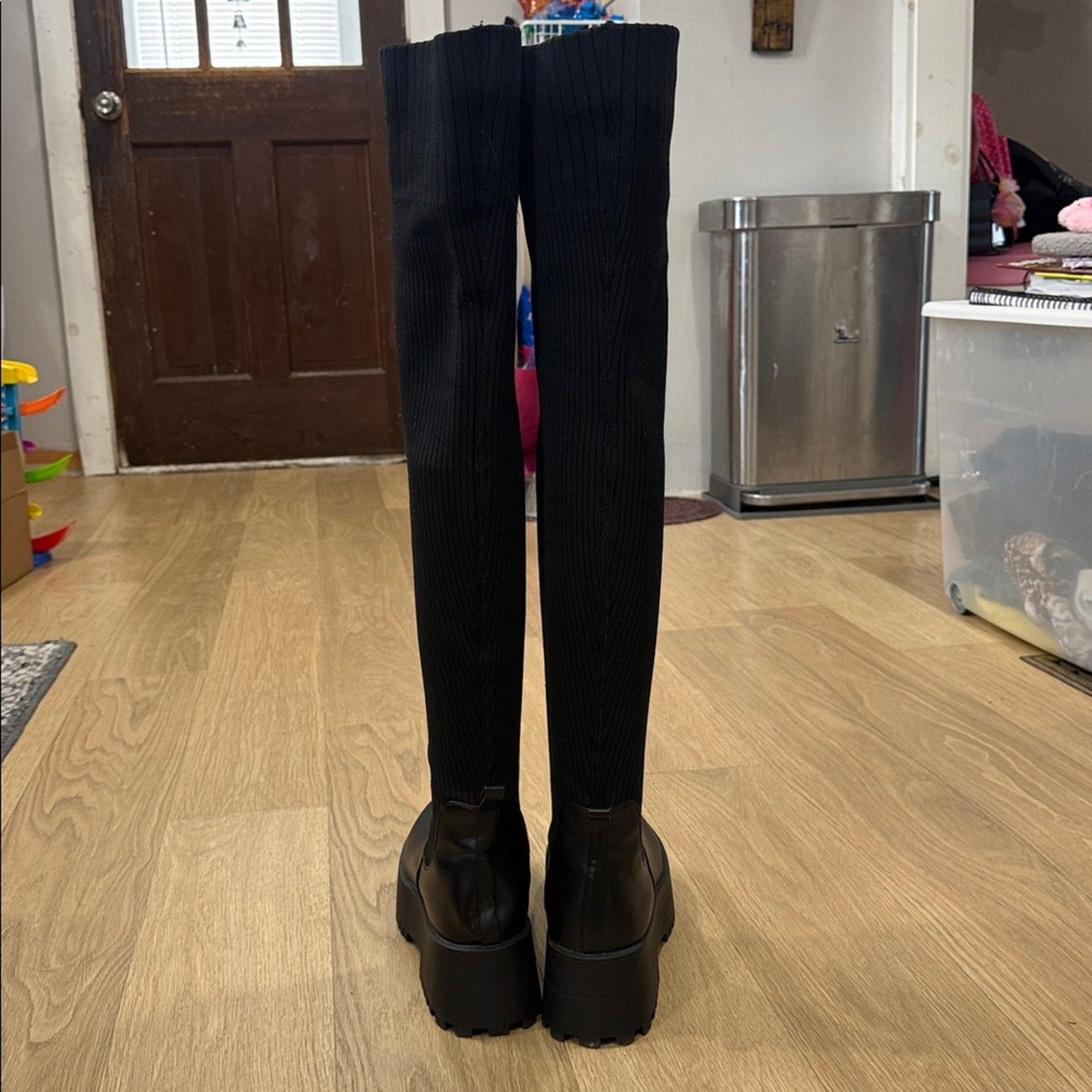Madden Girl Black Over-the-Knee Stretch Knit Lug Sole Boots - Size 10