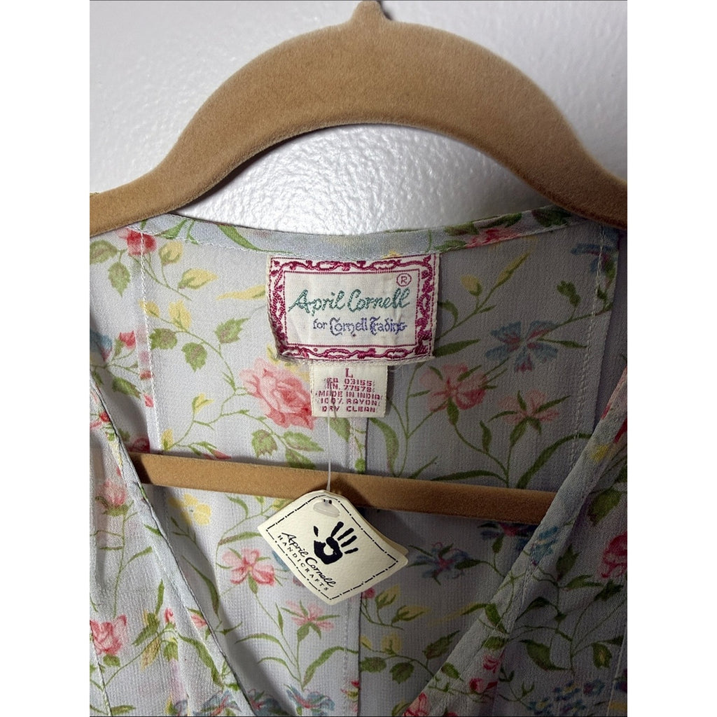 April Cornell Pale Green Floral Button-Front Dress with Pink Roses Size Large