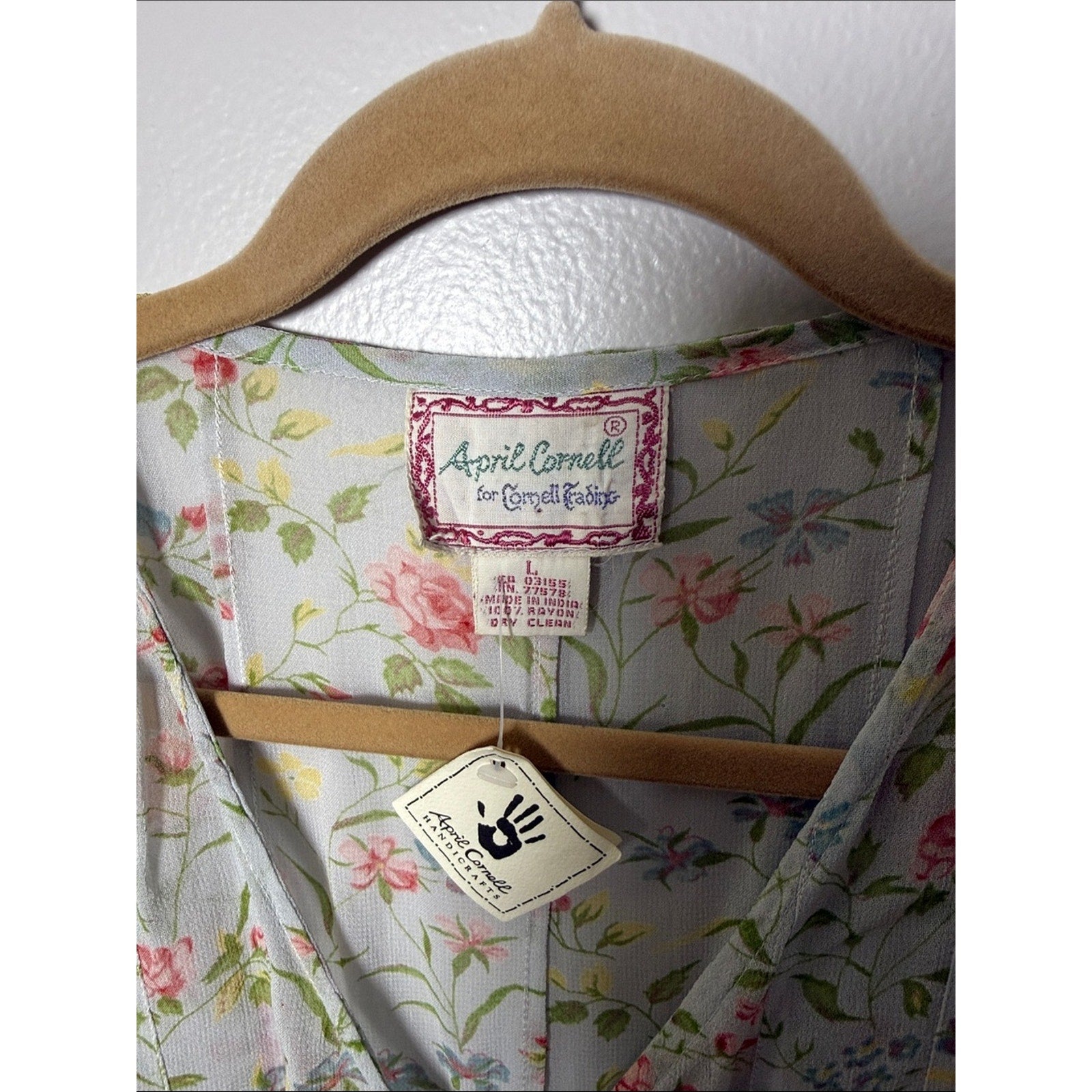 April Cornell Pale Green Floral Button-Front Dress with Pink Roses Size Large