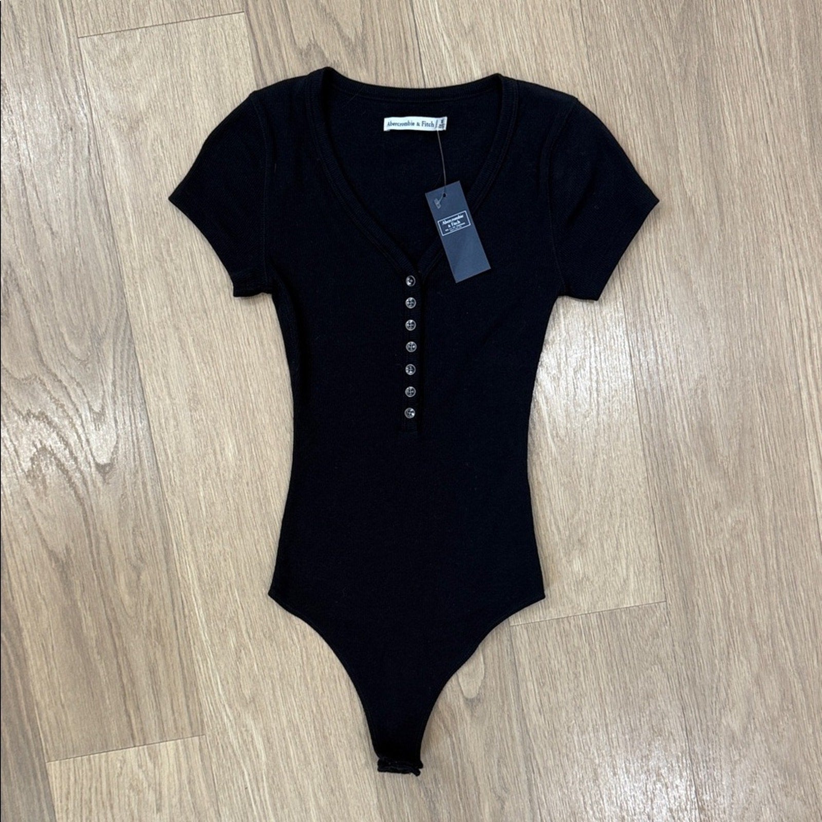 Abercrombie & Fitch Black Ribbed Henley Short Sleeve Bodysuit Size XS New!