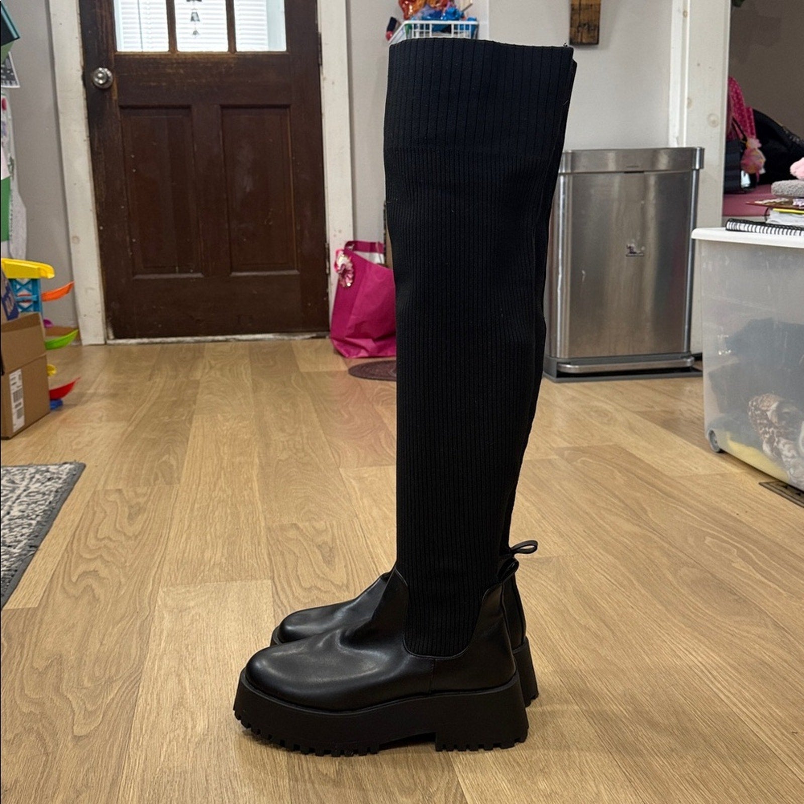 Madden Girl Black Over-the-Knee Stretch Knit Lug Sole Boots - Size 10