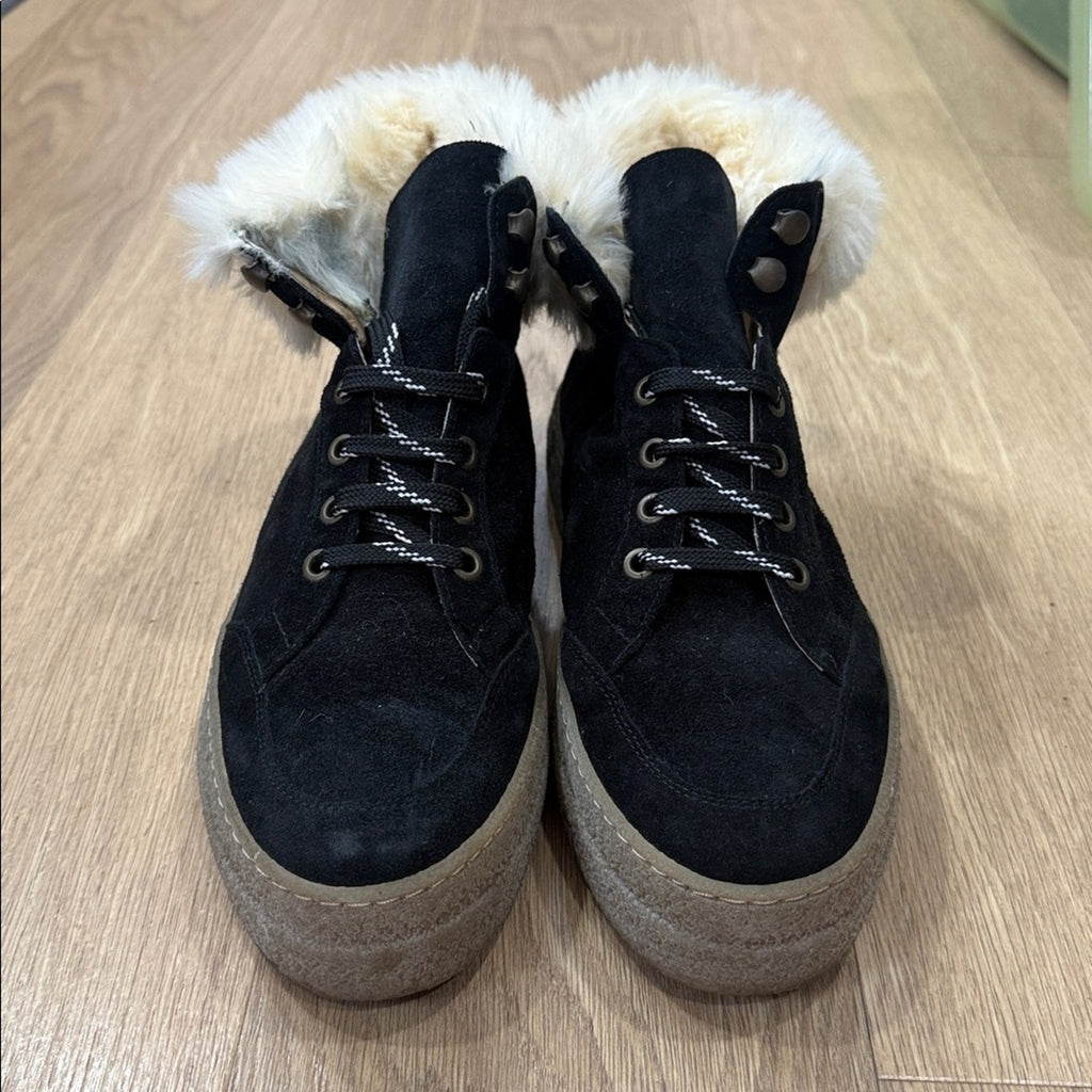 Saks Fifth Avenue Faux Shearling Lined Black Suede Platform Sneakers - Size 10