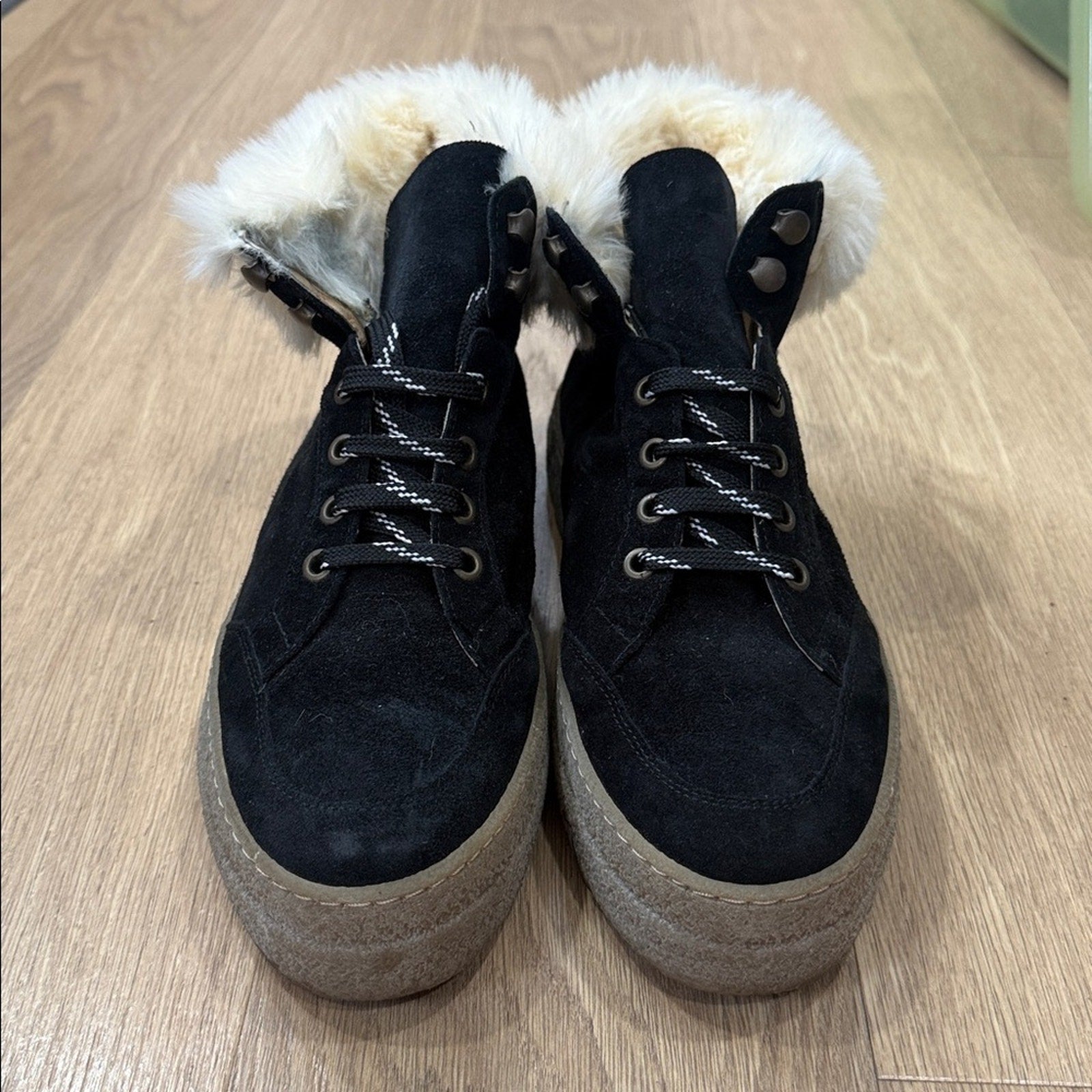 Saks Fifth Avenue Faux Shearling Lined Black Suede Platform Sneakers - Size 10