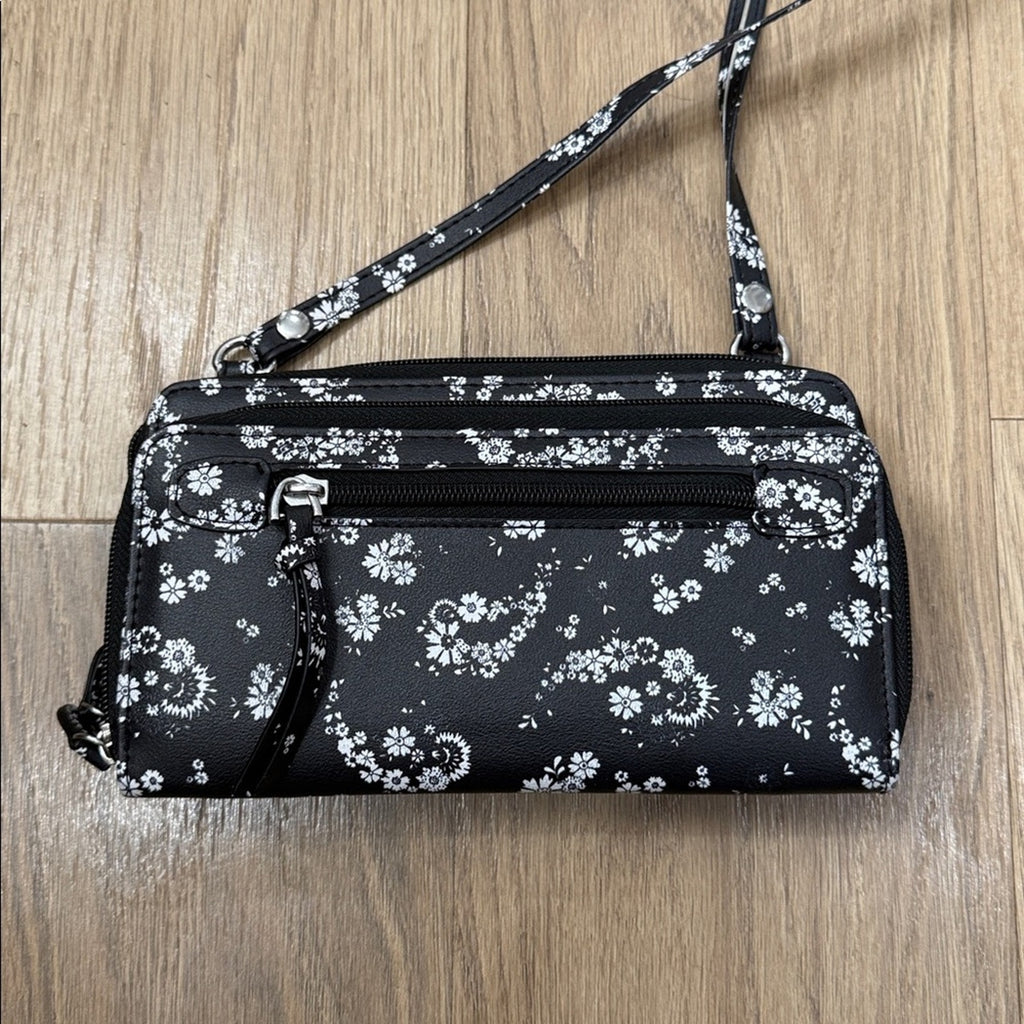 Floral Black and White Multi Pocket Crossbody Wallet Crossbody
