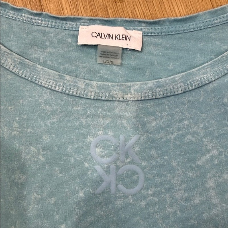 Calvin Klein Light Blue CK Logo Sleeveless Scoop Neck Tie Waist Dress Size Large