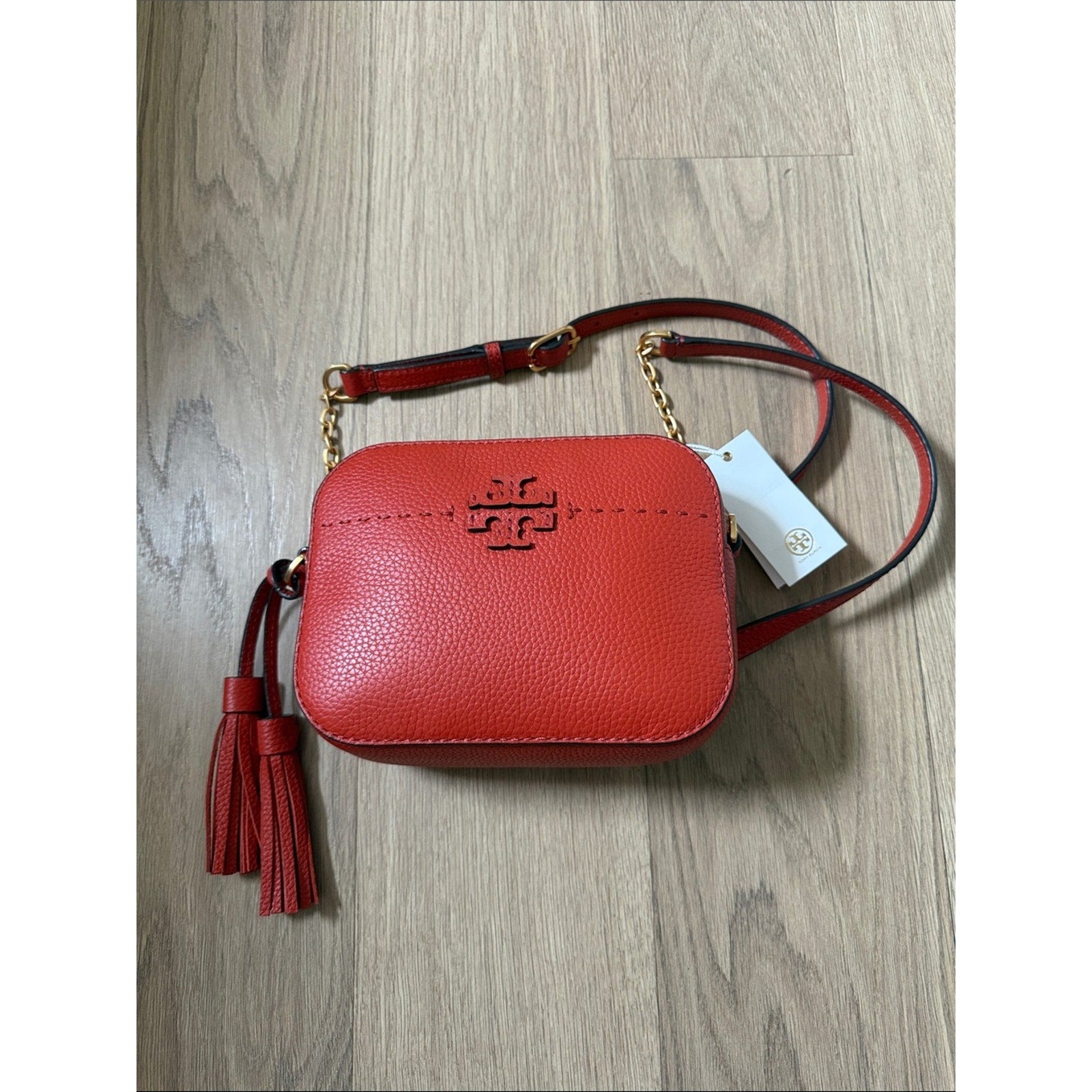 Tory Burch McGraw Camera Bag in Lava Pebbled Leather Crossbody with Tassel
