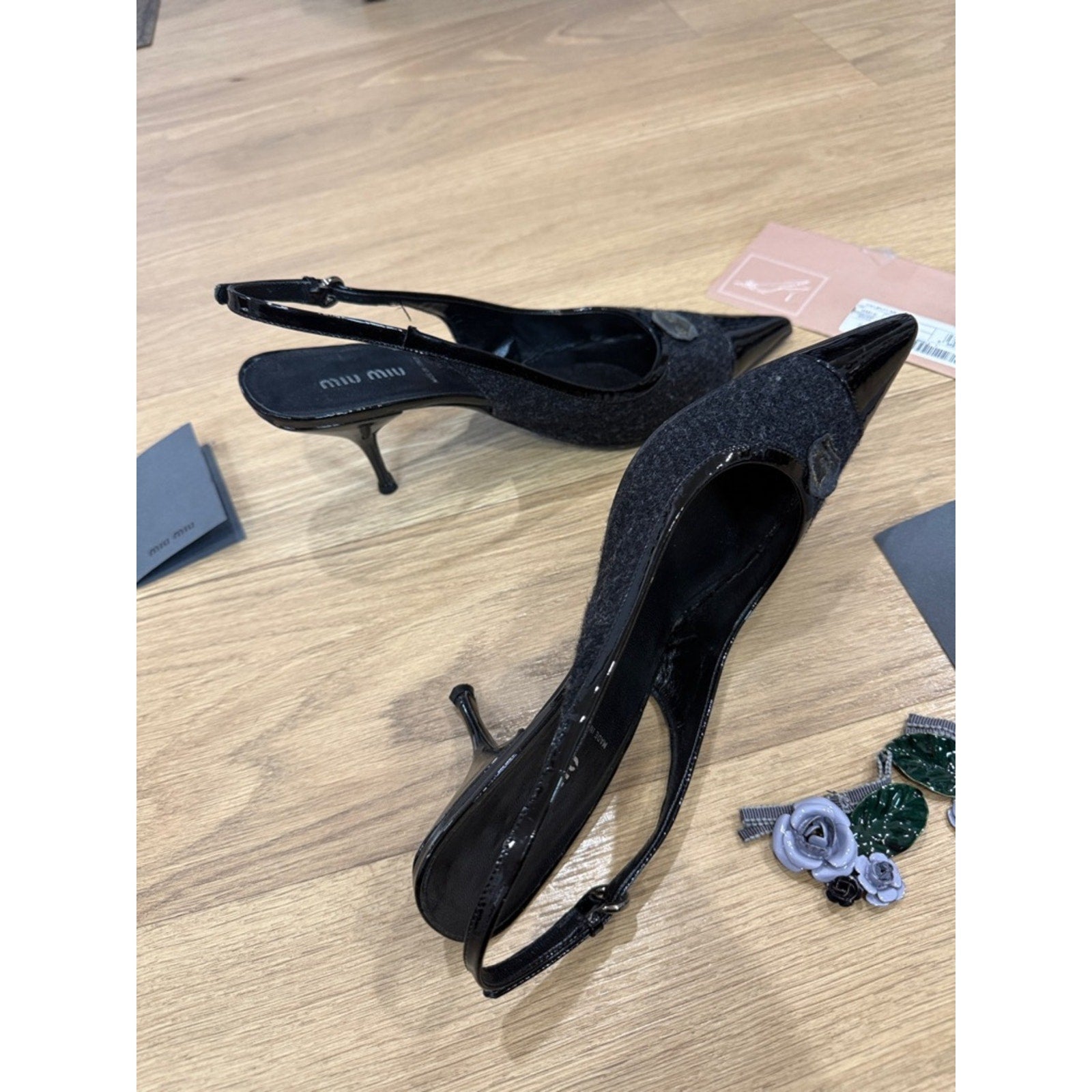 Miu Miu Black Pointed-Toe Slingback Heels with Floral Embellishment Size 9.5