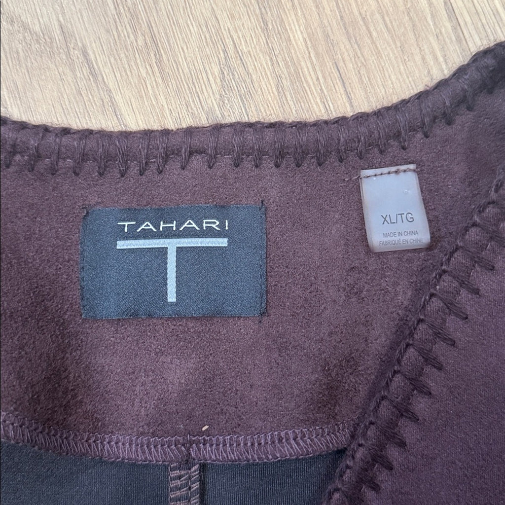 Tahari Plum Stitch Hem Open Front Long Jacket w/ Pockets Size XL