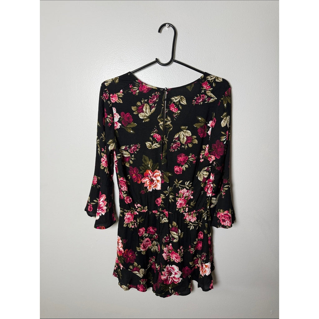Ambiance Black Floral Wrap Romper with Pink Rose Print Size Large New!