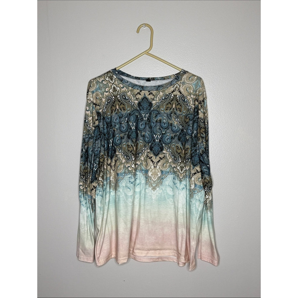 Noracora Long Sleeve Ombre Paisley Print Top in Blue and Pink Size XXL