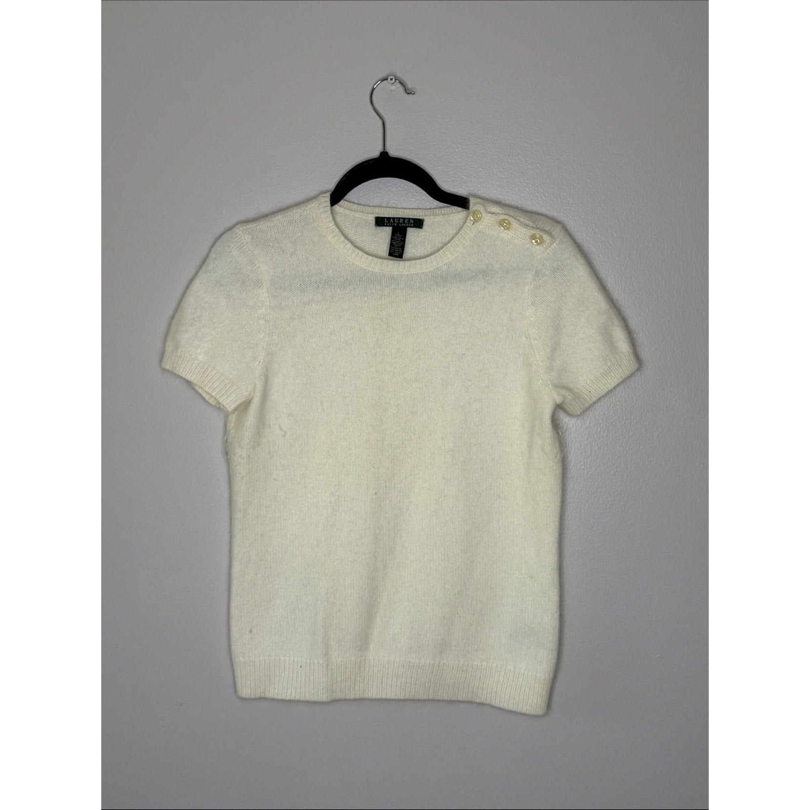 Lauren Ralph Lauren Ivory Short Sleeve Button-Shoulder Sweater Size Large
