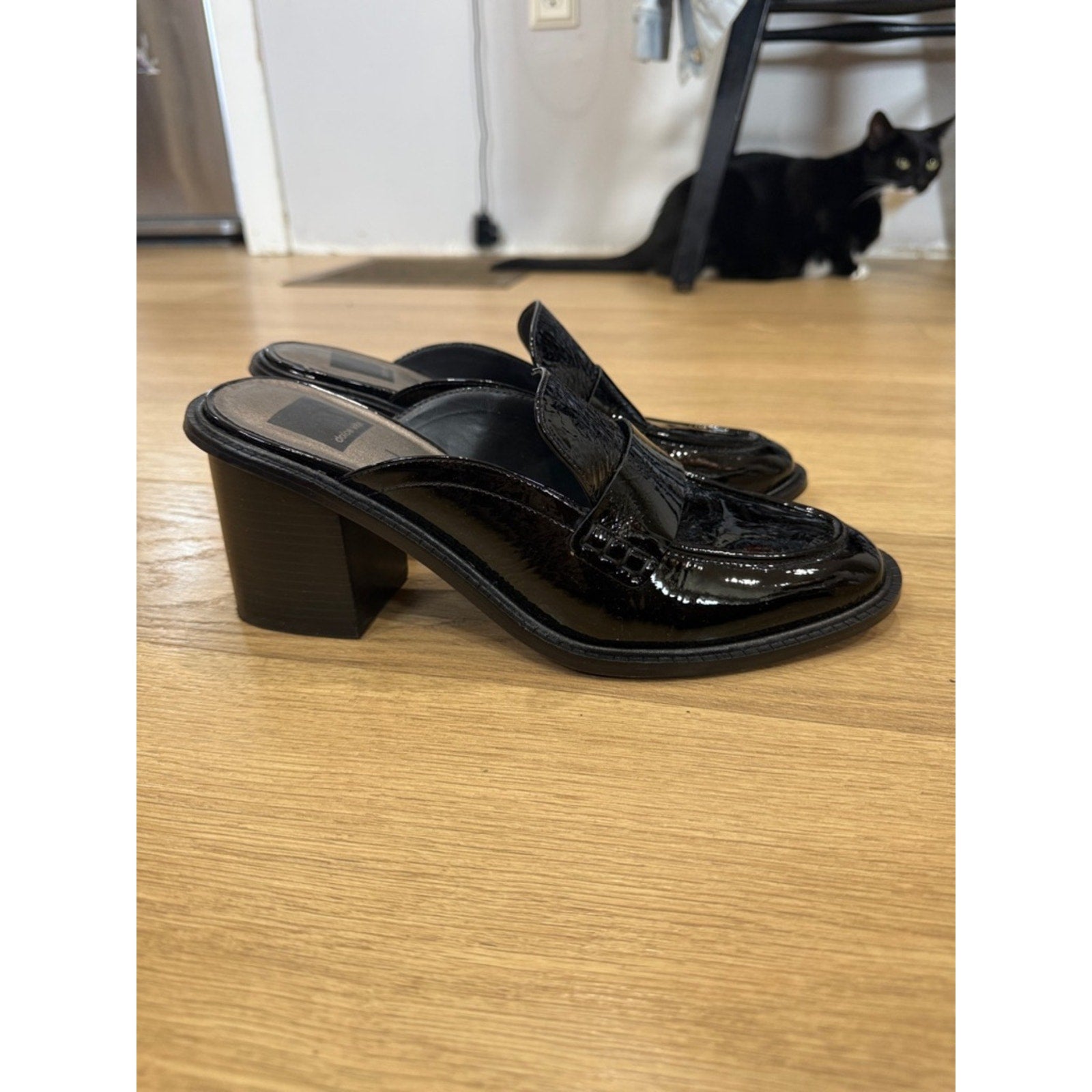 Dolce Vita Mali Heeled Loafer Mules in Black Patent Leather Block Heel Size 9.5