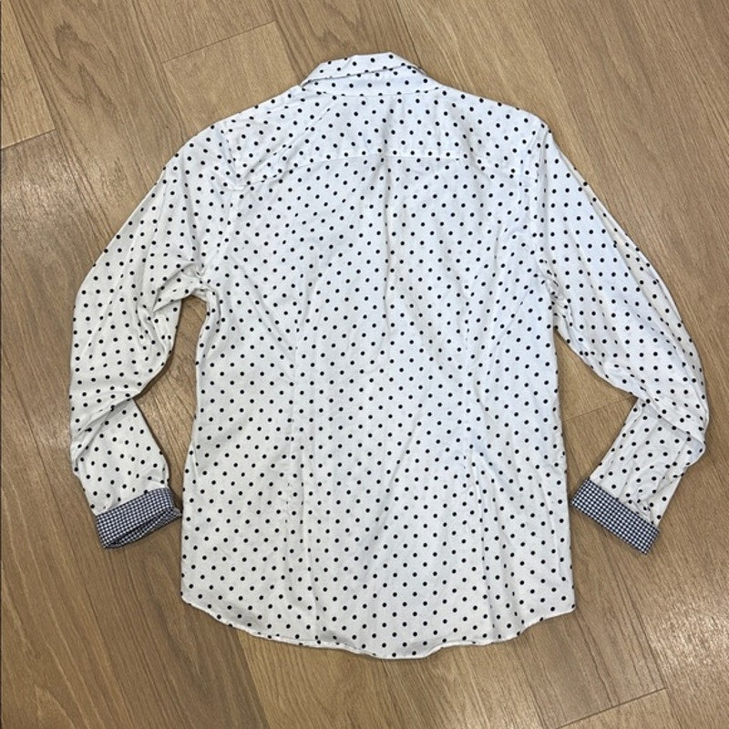 Chaps White Button Down Long Sleeve Shirt with Navy Blue Polka Dots Size Large