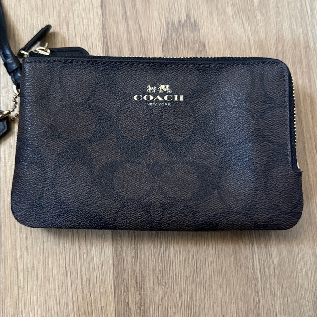 Coach Dark Brown and Black Pebbled Leather Wristlet with Black Strap