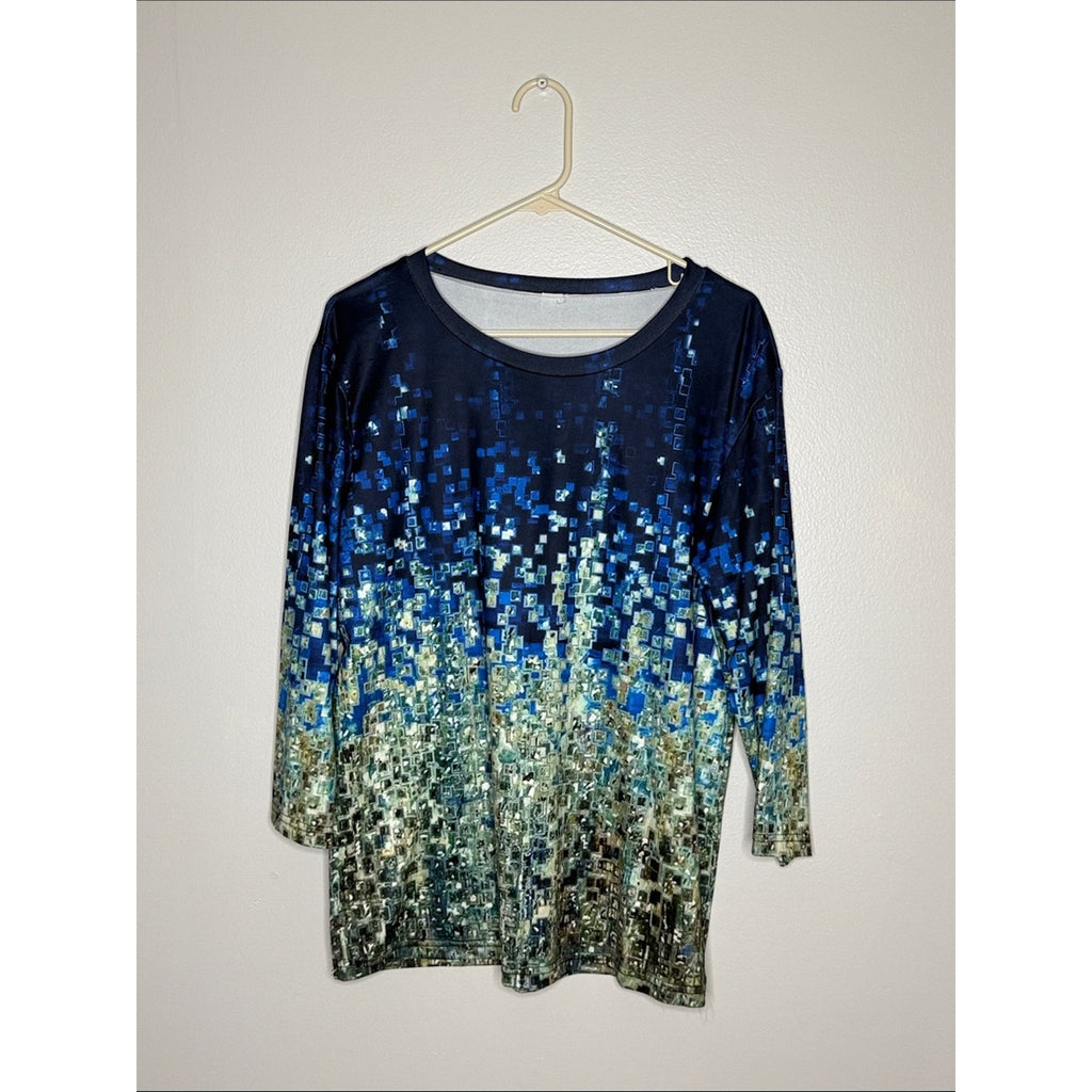 Blue Ombre Mosaic Pattern Long Sleeve Top Size XL