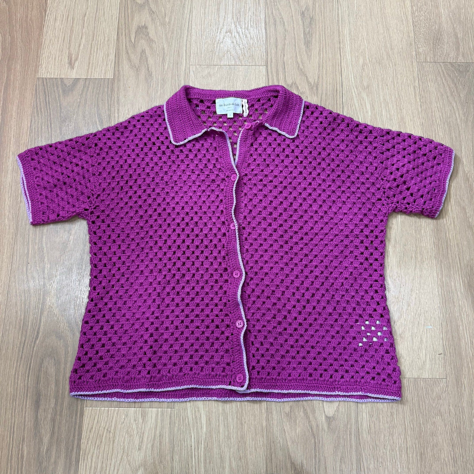 Oversized Pink Crochet Button-Up Cardigan - Les Tricots de Léa GYSTA Size Large