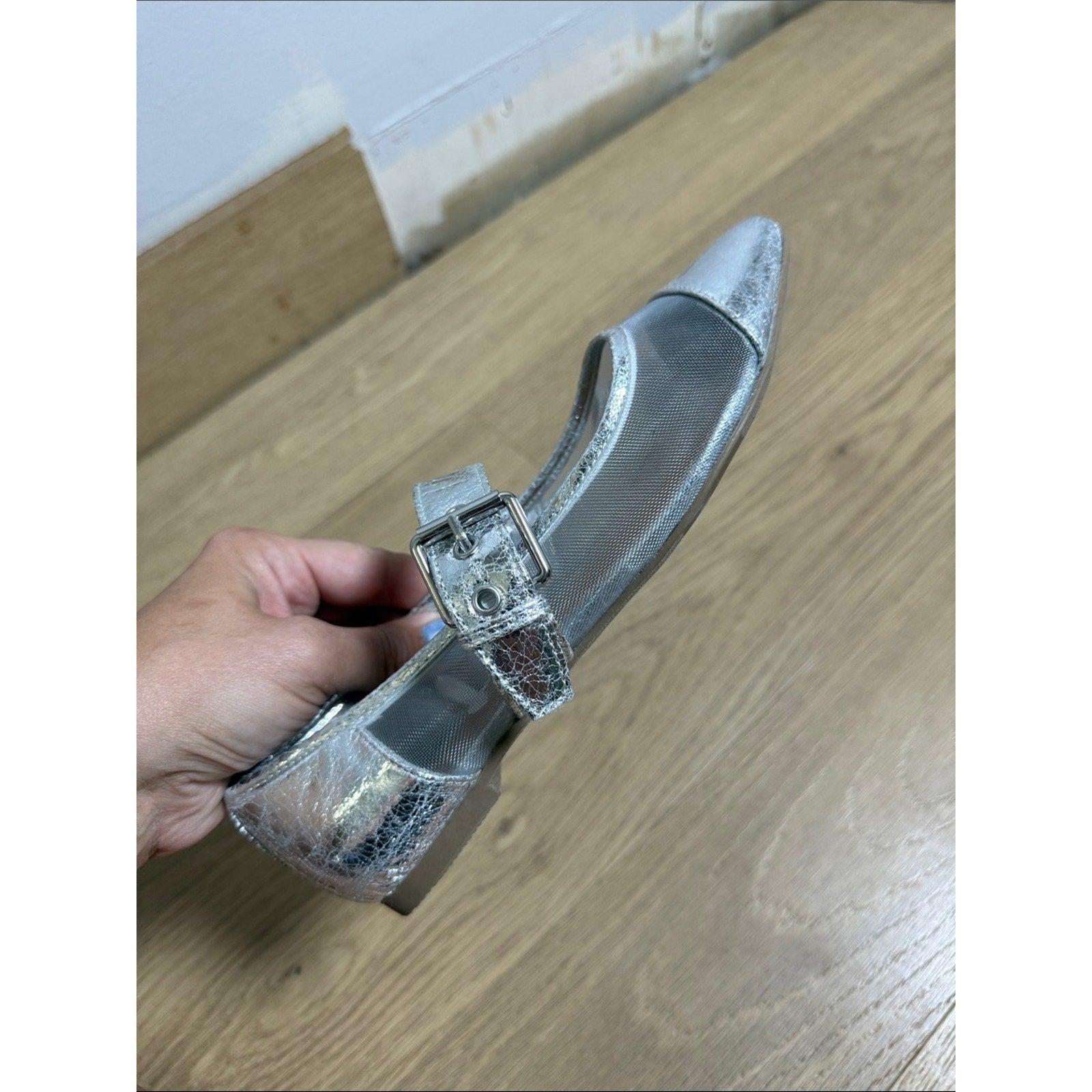 Report Metallic Silver Pointed Mary Jane Flats Size 7