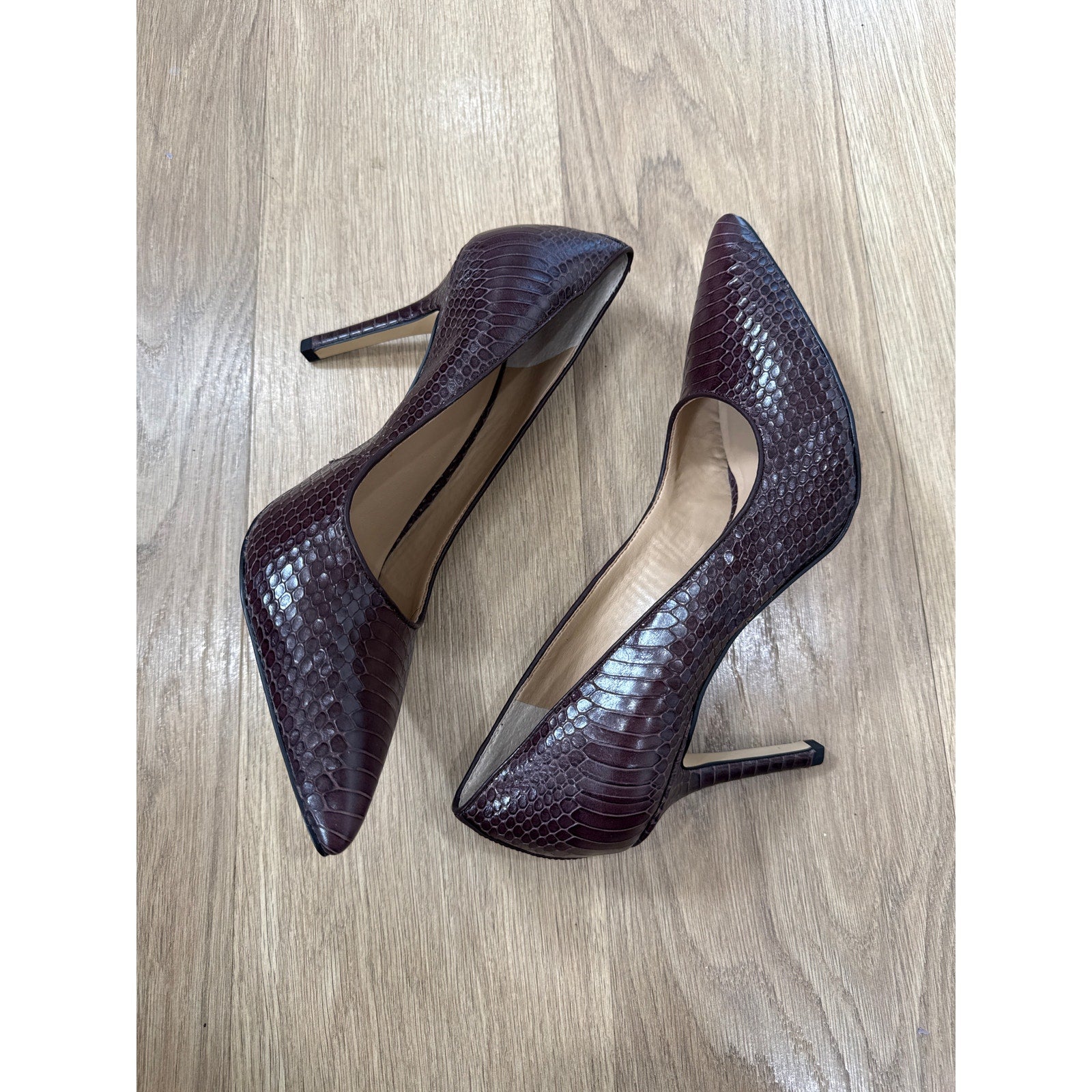 Ann Taylor Dark Brown Snakeskin Embossed Leather Pointed Toe Heels Size 10