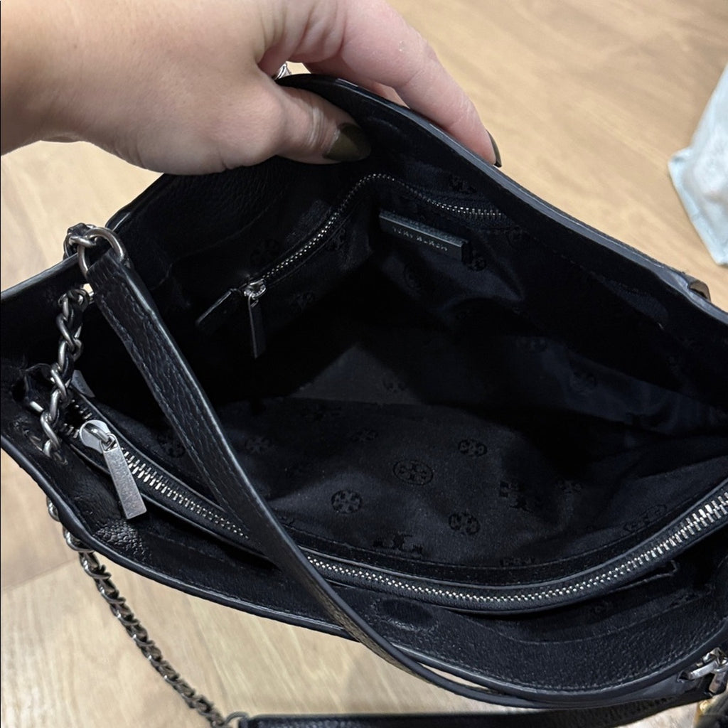 Tory Burch Britten Small Slouchy Tote Bag in Black Leather and Silver Hardware