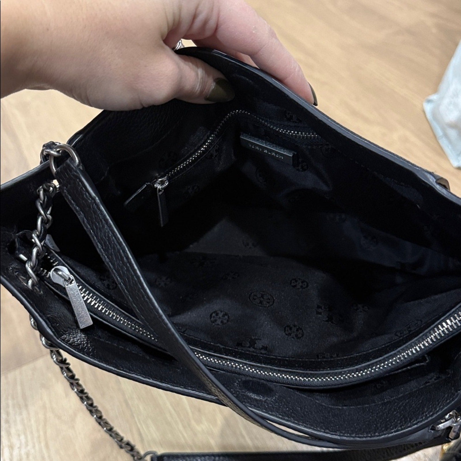 Tory Burch Britten Small Slouchy Tote Bag in Black Leather and Silver Hardware
