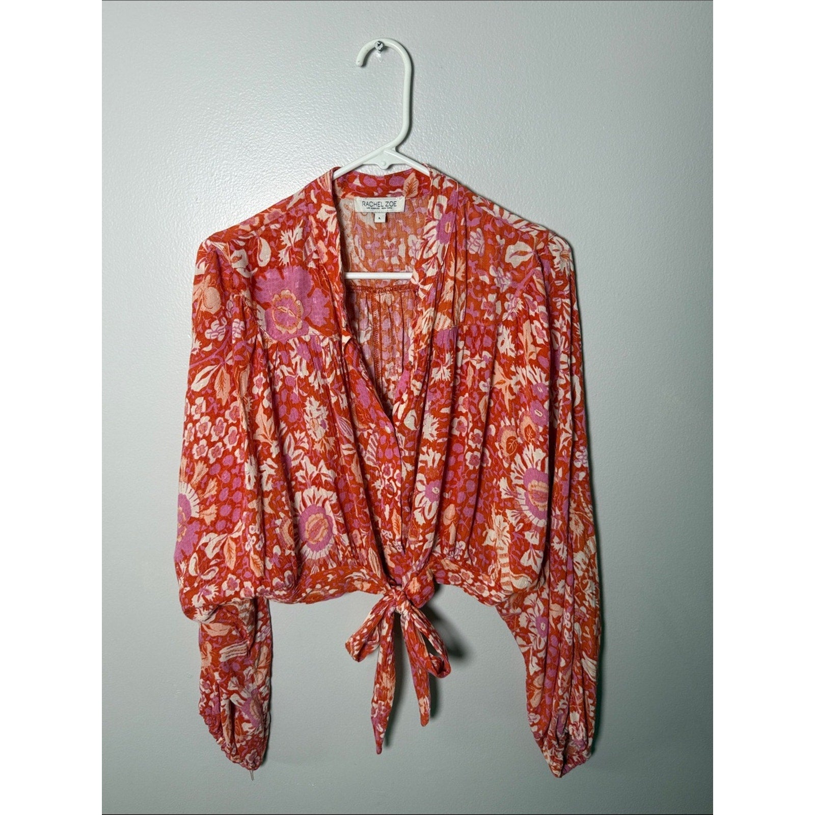 Rachel Zoe Coral-Pink Floral Tie-Front Blouse Size Large