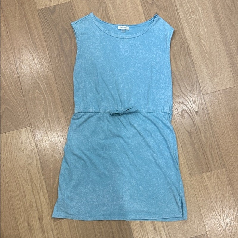 Calvin Klein Light Blue CK Logo Sleeveless Scoop Neck Tie Waist Dress Size Large