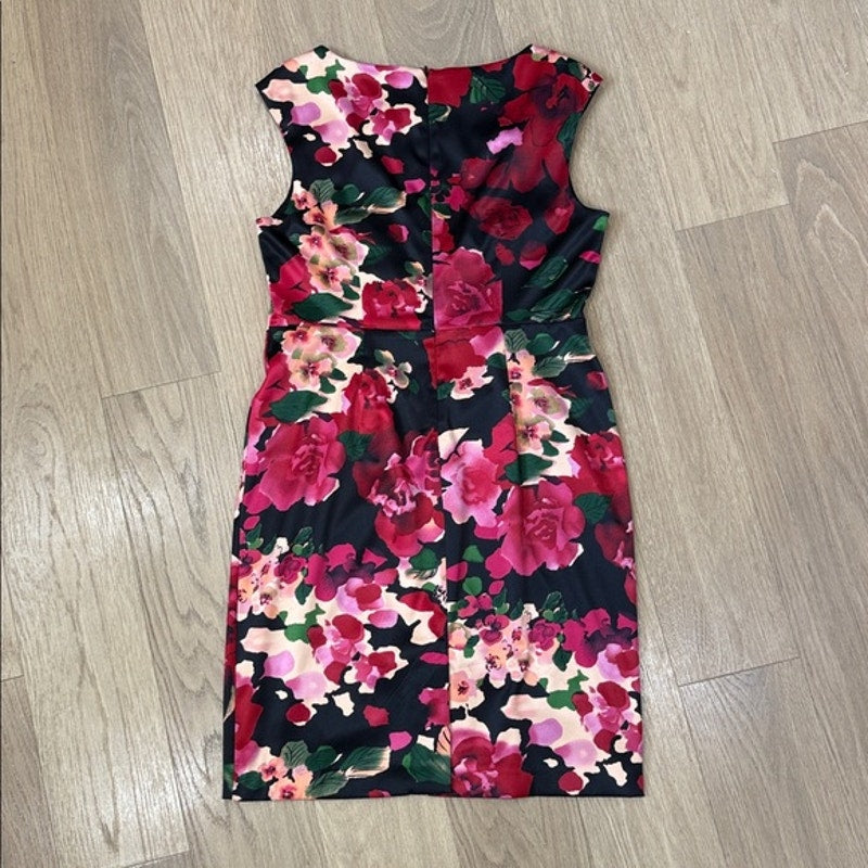 Talbots Black Floral Sheath Dress with Pink & Red Blooms Size 10