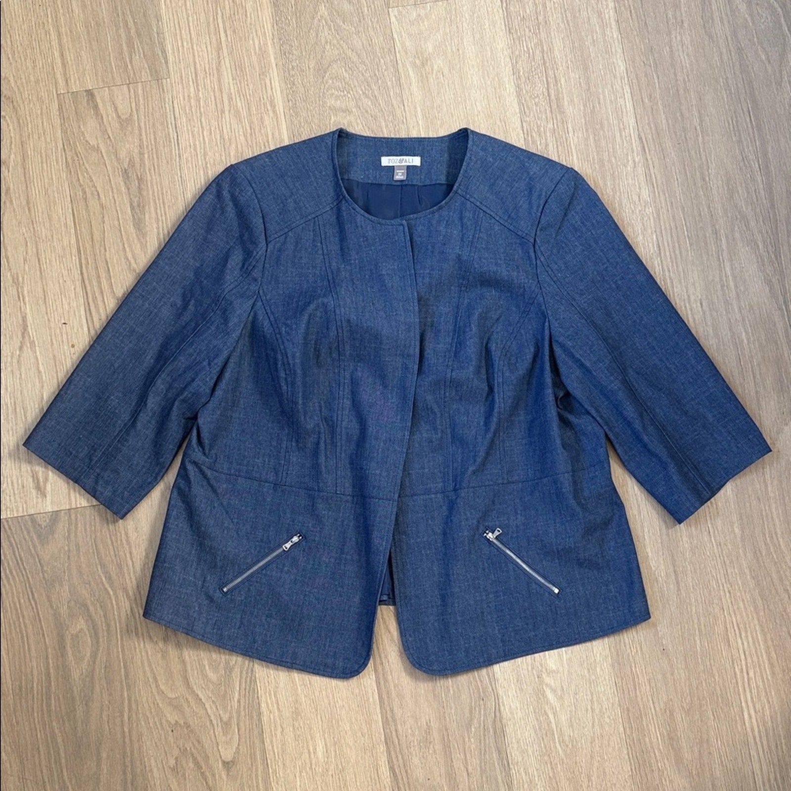 Roz & Ali Denim Blue Blazer Jacket with Zipper Accents Size 2X