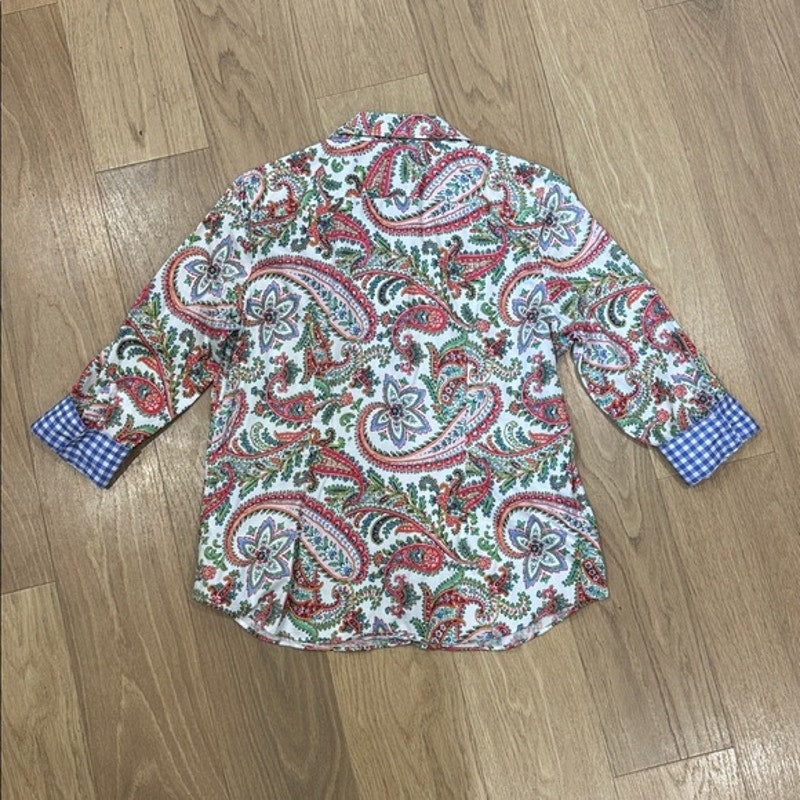 Chaps Multicolor Paisley Button-Front Shirt with Blue Gingham Trim Size Large