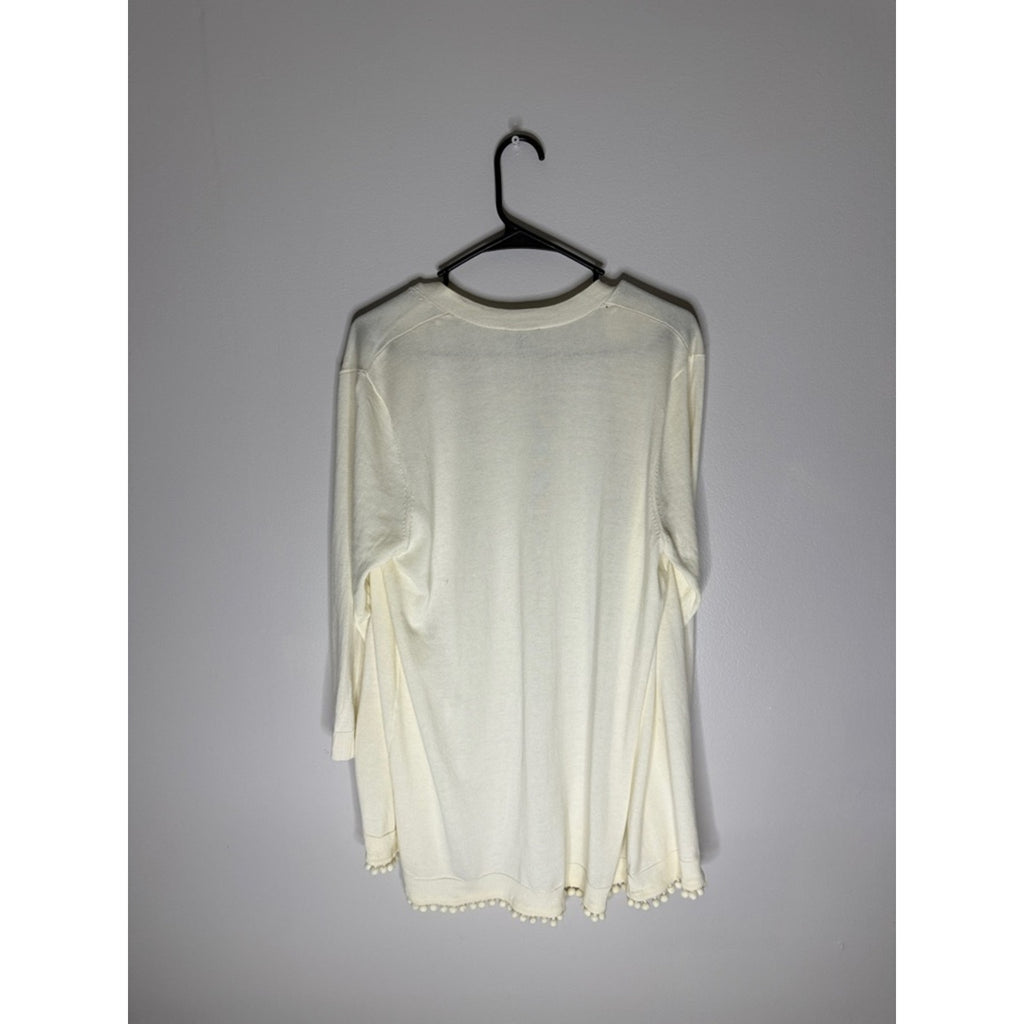 Talbots Cream Open-Front Cardigan with Pom-Pom Trim Size Large