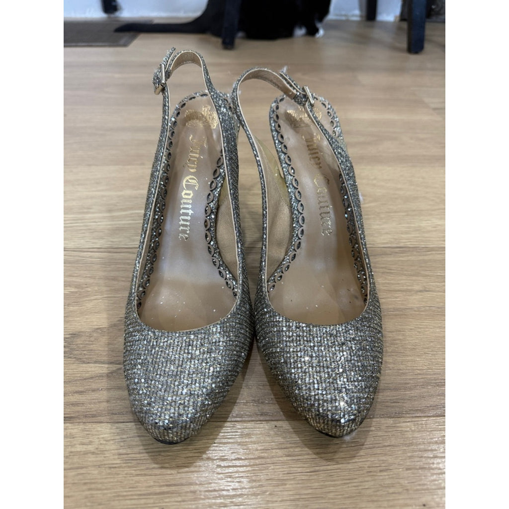 Juicy Couture Glitter Slingback Silver Stiletto Heels Size 9.5