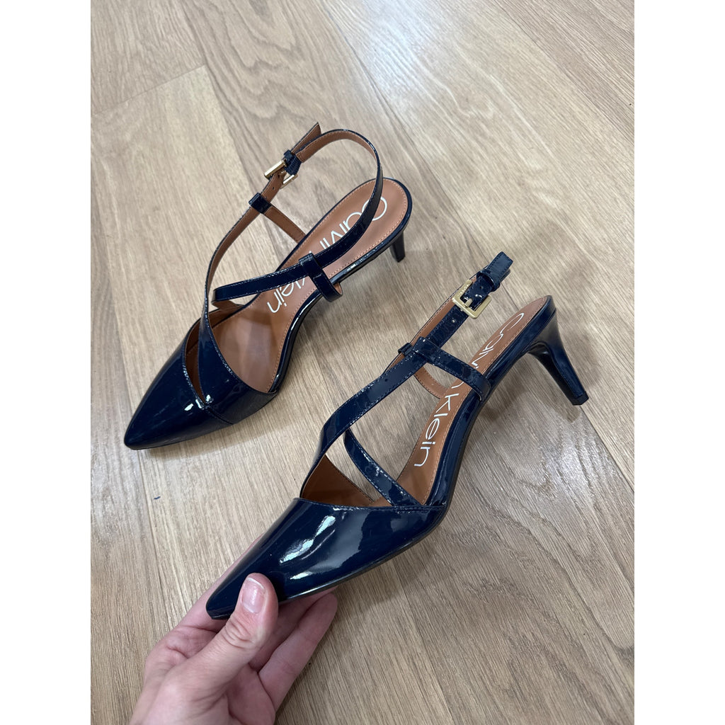 Calvin Klein Navy Patent Leather Strappy Criss Cross Buckle Closure Pointed Toe Heels Size 10