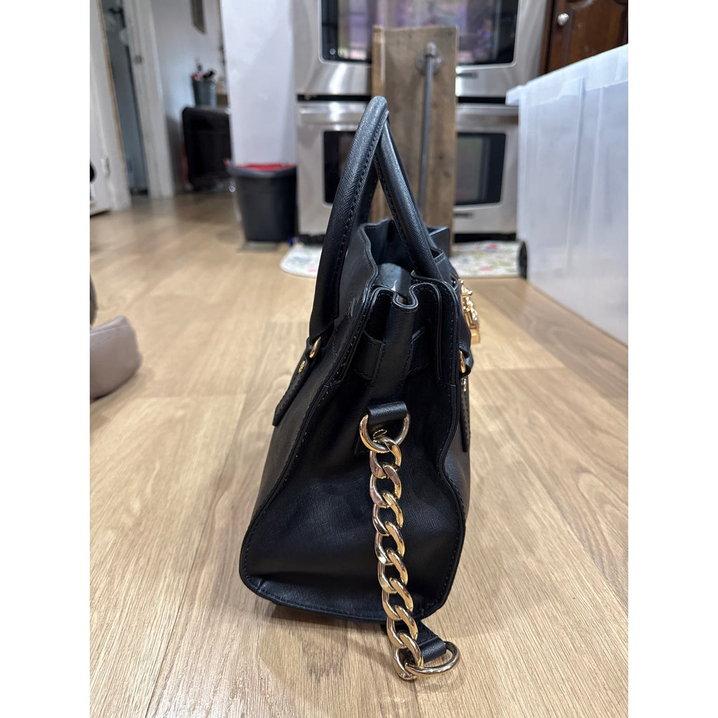 Michael Kors Hamilton Saffiano Style Black Leather and Gold Hardware Satchel