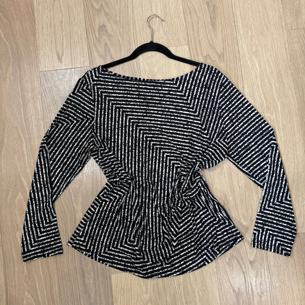 Clara Sun Woo Black and White Striped Gathered Detail Long Sleeve Top Size 1X