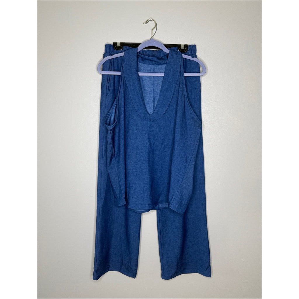 Blue Sleeveless Top and Wide-Leg Pants Set Size Large