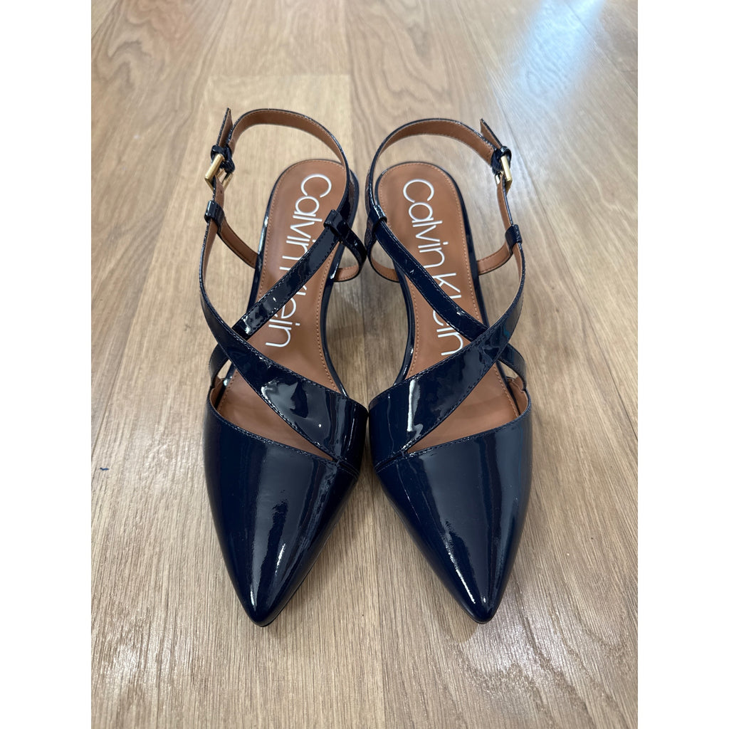 Calvin Klein Navy Patent Leather Strappy Criss Cross Buckle Closure Pointed Toe Heels Size 10