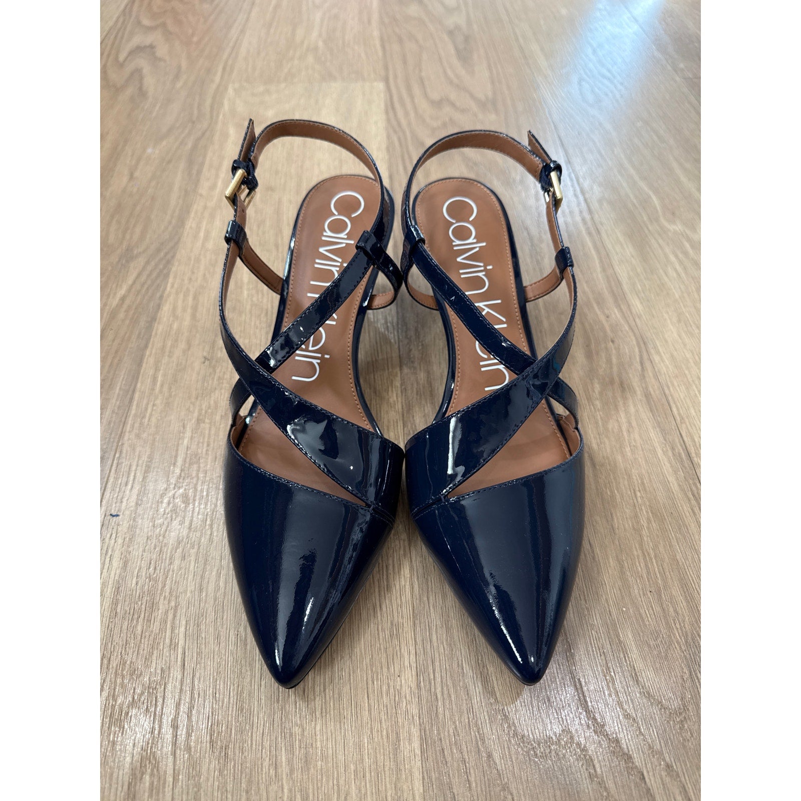 Calvin Klein Navy Patent Leather Strappy Criss Cross Buckle Closure Pointed Toe Heels Size 10