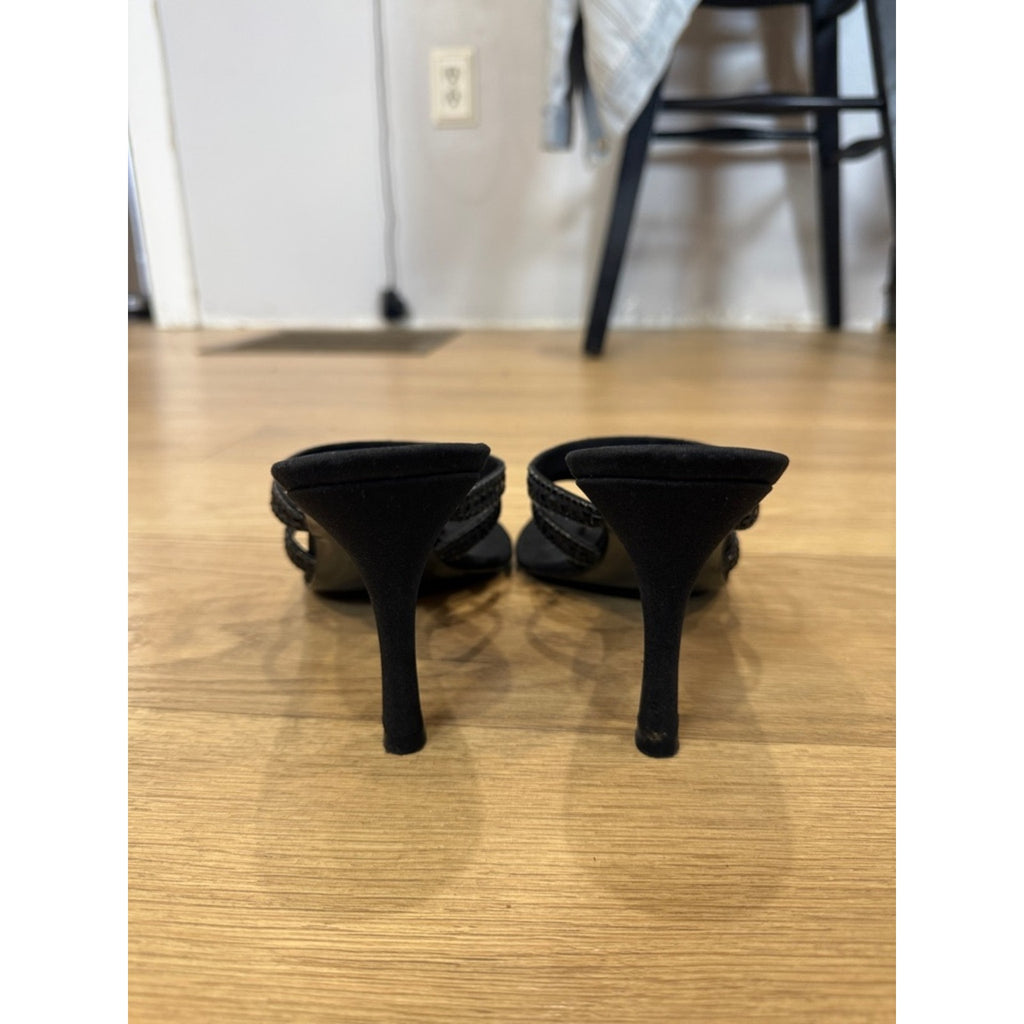 Stuart Weitzman Corona Black Peau Strappy Rhinestone Evening Sandal Heels Sz 9.5
