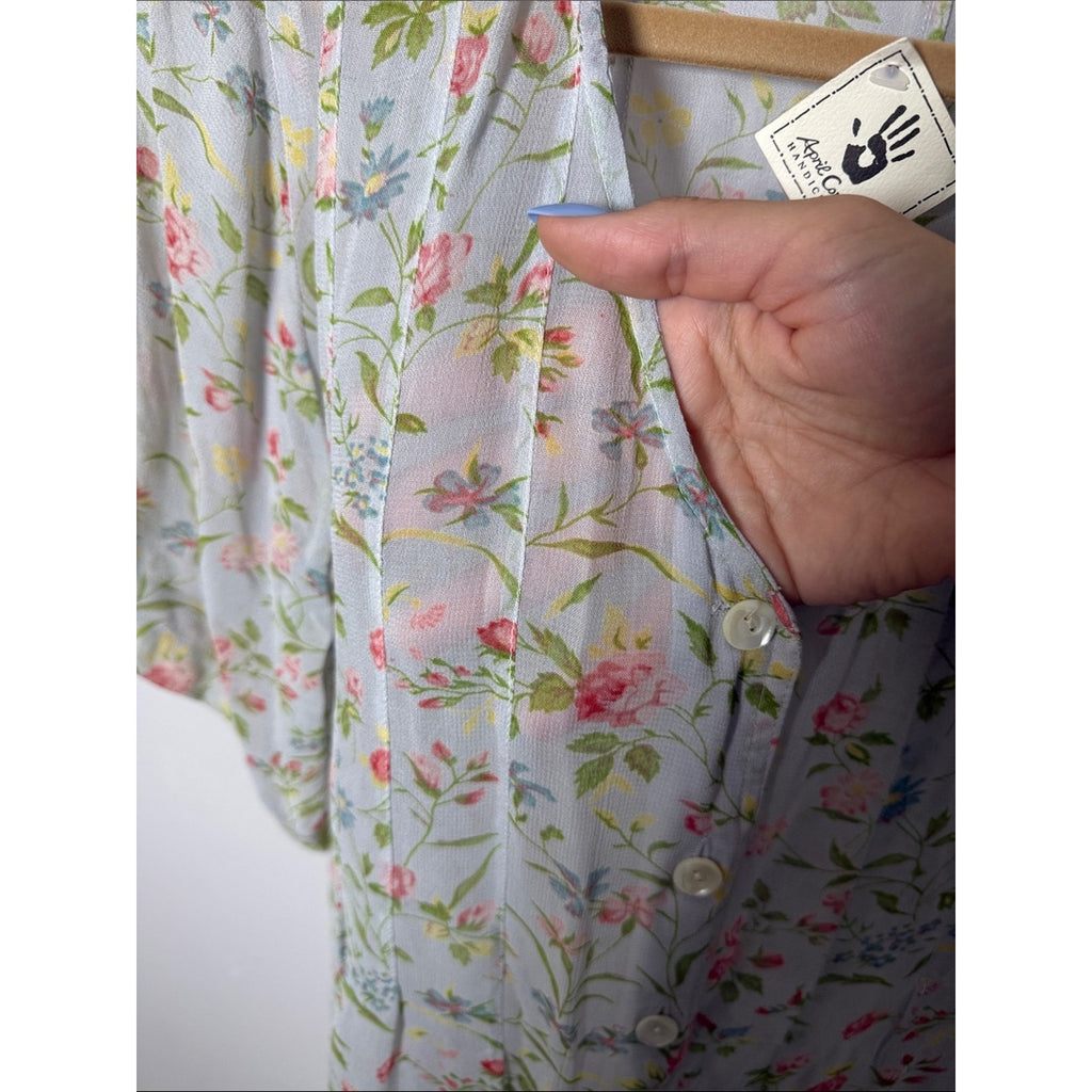 April Cornell Pale Green Floral Button-Front Dress with Pink Roses Size Large