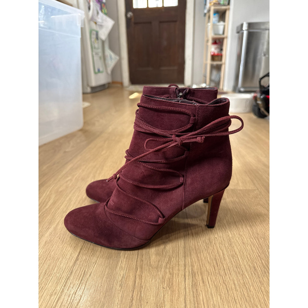 Vince Camuto Chenai Lace Up Pointed Toe Stiletto Suede Bootie in Burgundy Size 10