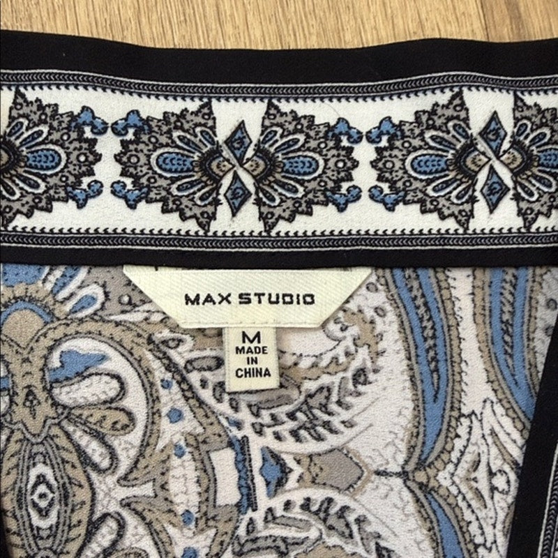 Max Studio Paisley Open-Front Kimono in White, Blue & Taupe Size Medium