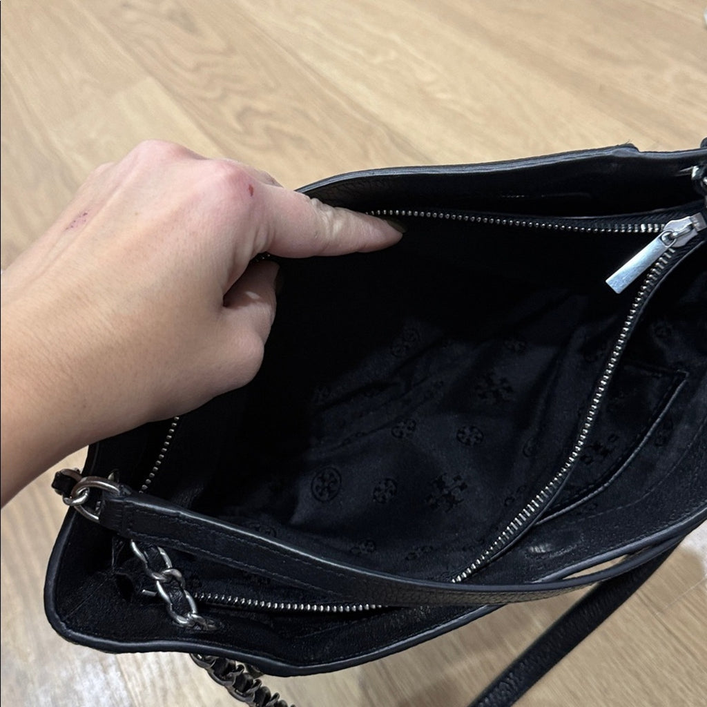 Tory Burch Britten Small Slouchy Tote Bag in Black Leather and Silver Hardware