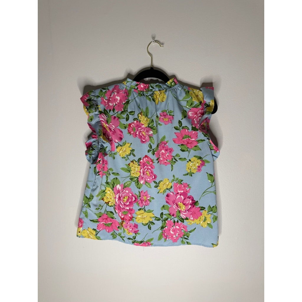THML Light Blue Floral Ruffle Sleeve Blouse Size Medium