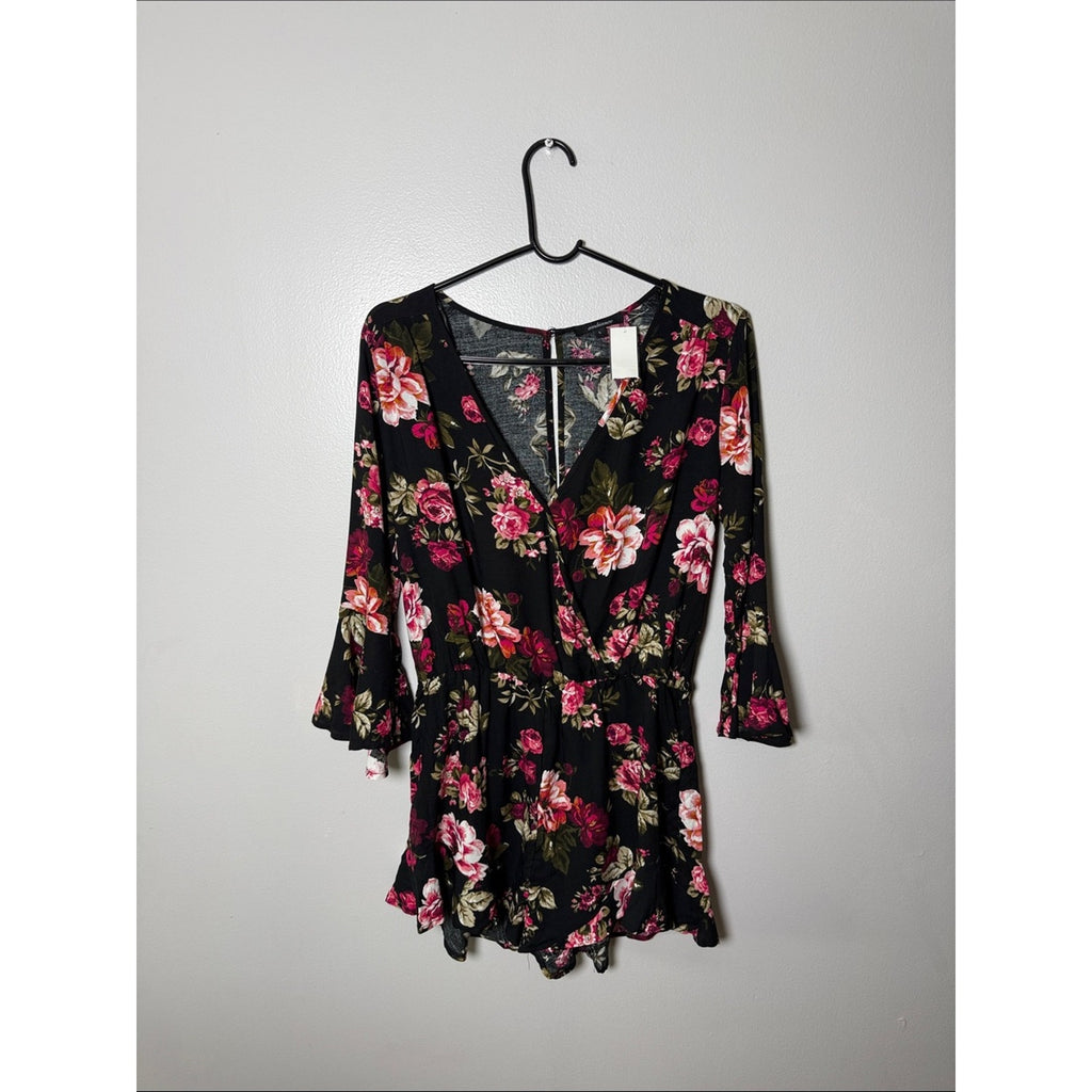 Ambiance Black Floral Wrap Romper with Pink Rose Print Size Large New!