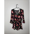 Ambiance Black Floral Wrap Romper with Pink Rose Print Size Large New!