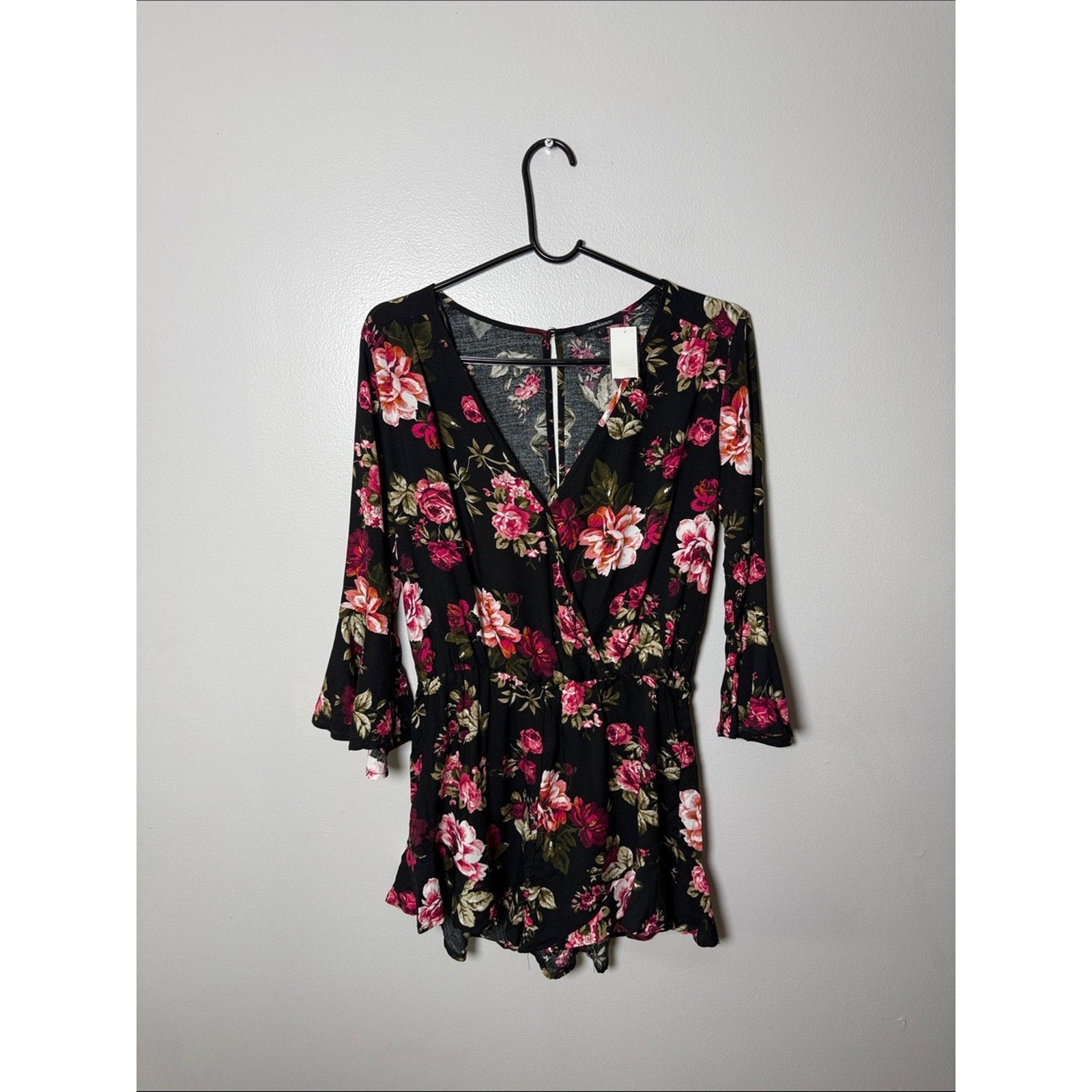 Ambiance Black Floral Wrap Romper with Pink Rose Print Size Large New!
