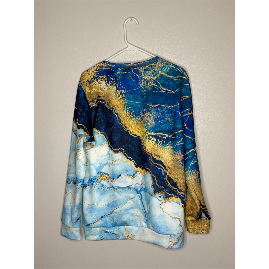 Blue & Gold Marble Print Sweatshirt Crewneck Size 2XL