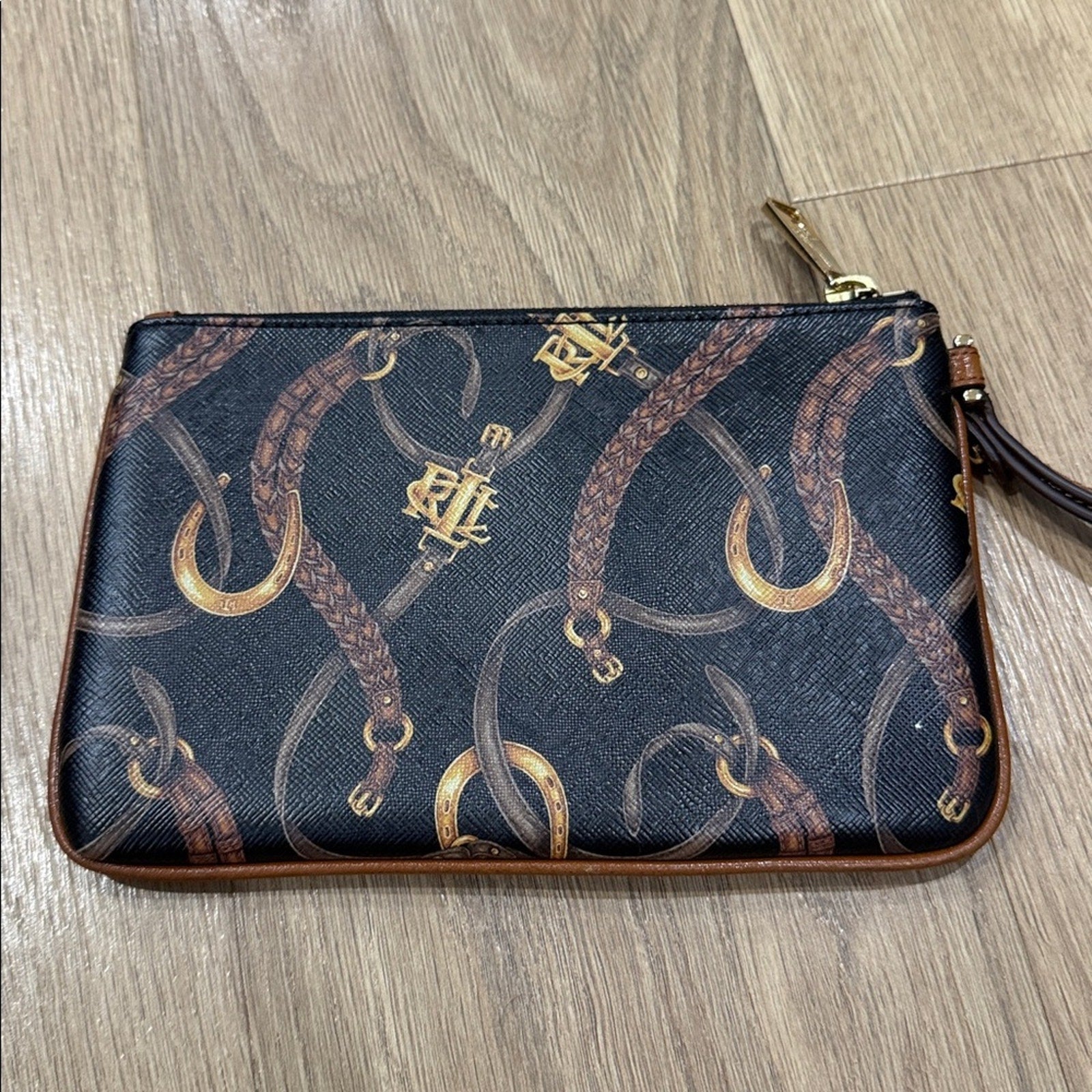 Lauren Ralph Lauren Equestrian Print Canvas and Leather Wristlet
