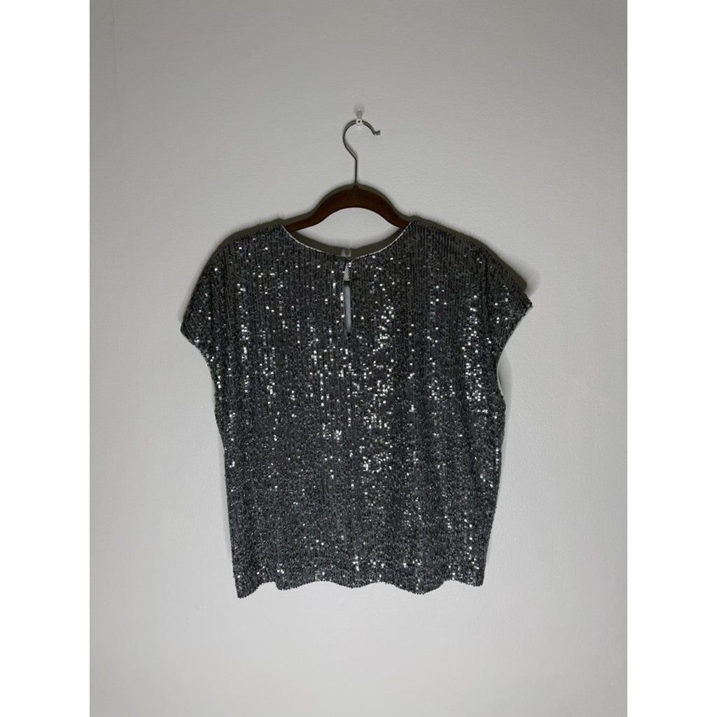 Loft Silver Sequin Cap-Sleeve Top Size Large