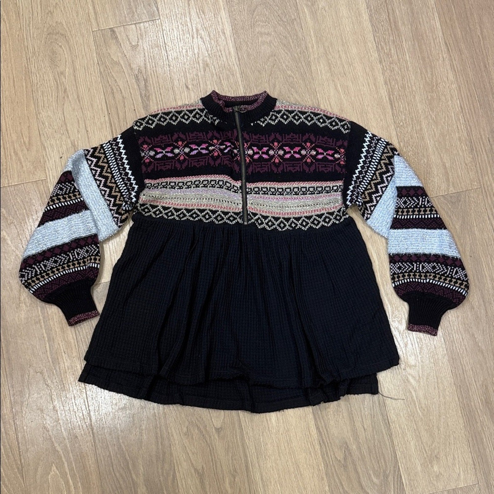 Free People Cozy Cottage Sweater in Black Multicolor Fair Isle Pattern Size XS